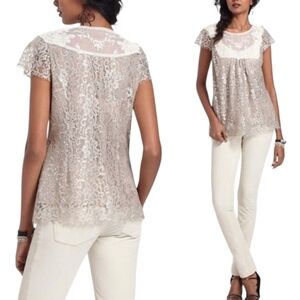 HD in Paris Lace Beige Top With Silver Shimer Accents Sz 6